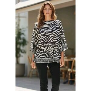 Chaps Top Sz L Zebra Print Semi Sheer Kimono Sleeve Adjustable Tie Waist